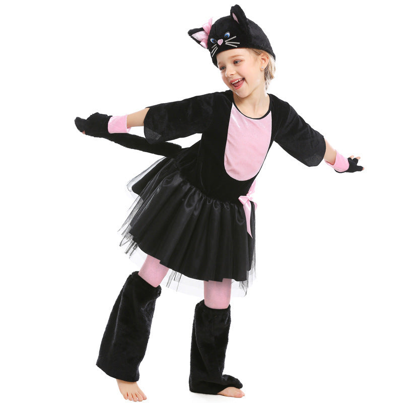 Halloween Animal Costume Cosplay Black and Pink Cat Bow Kids Performance Outfit