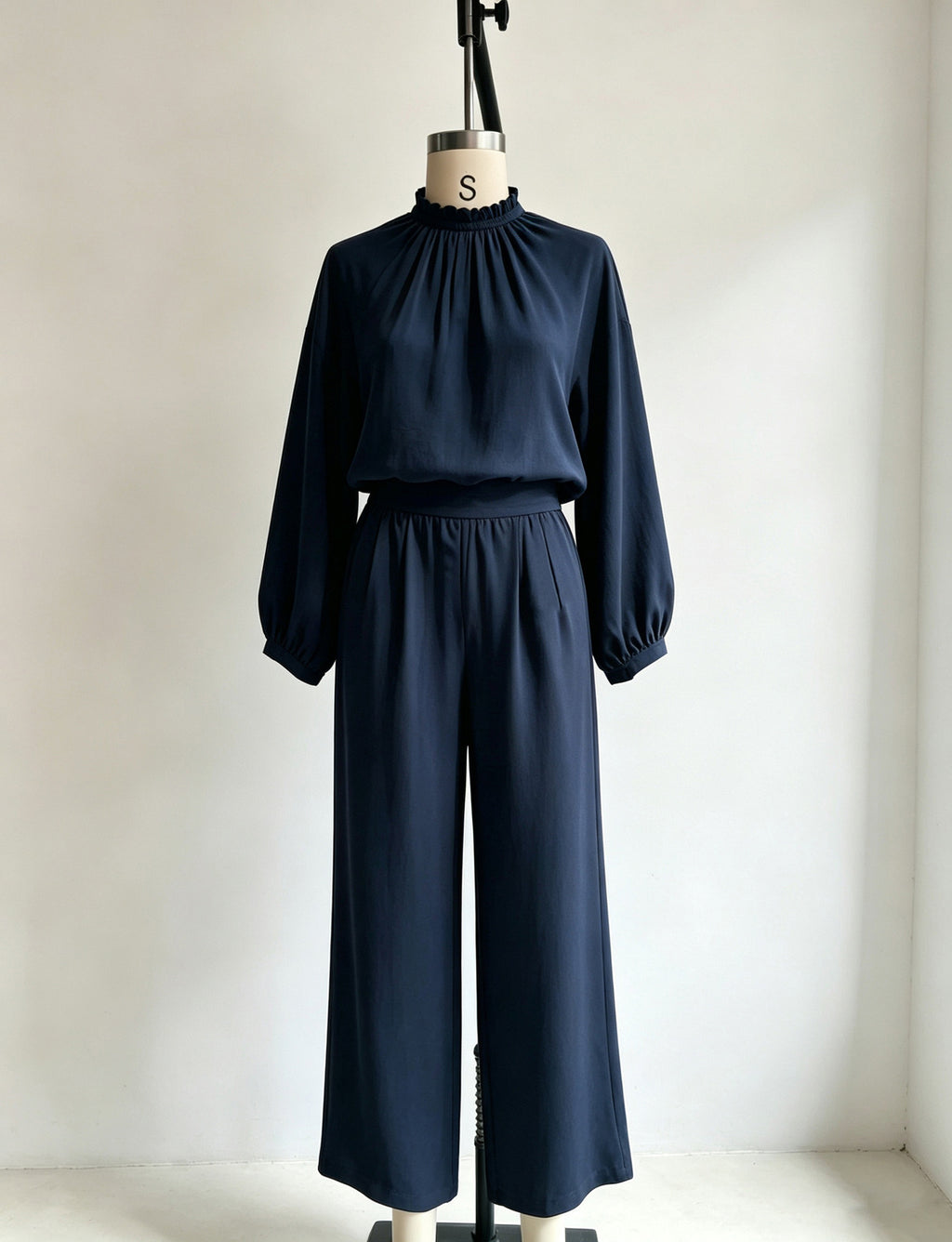 Casual Solid Color Long Sleeve Stand-up Collar Loose Fit Women's Fashion Set BlouseWide-leg Pants