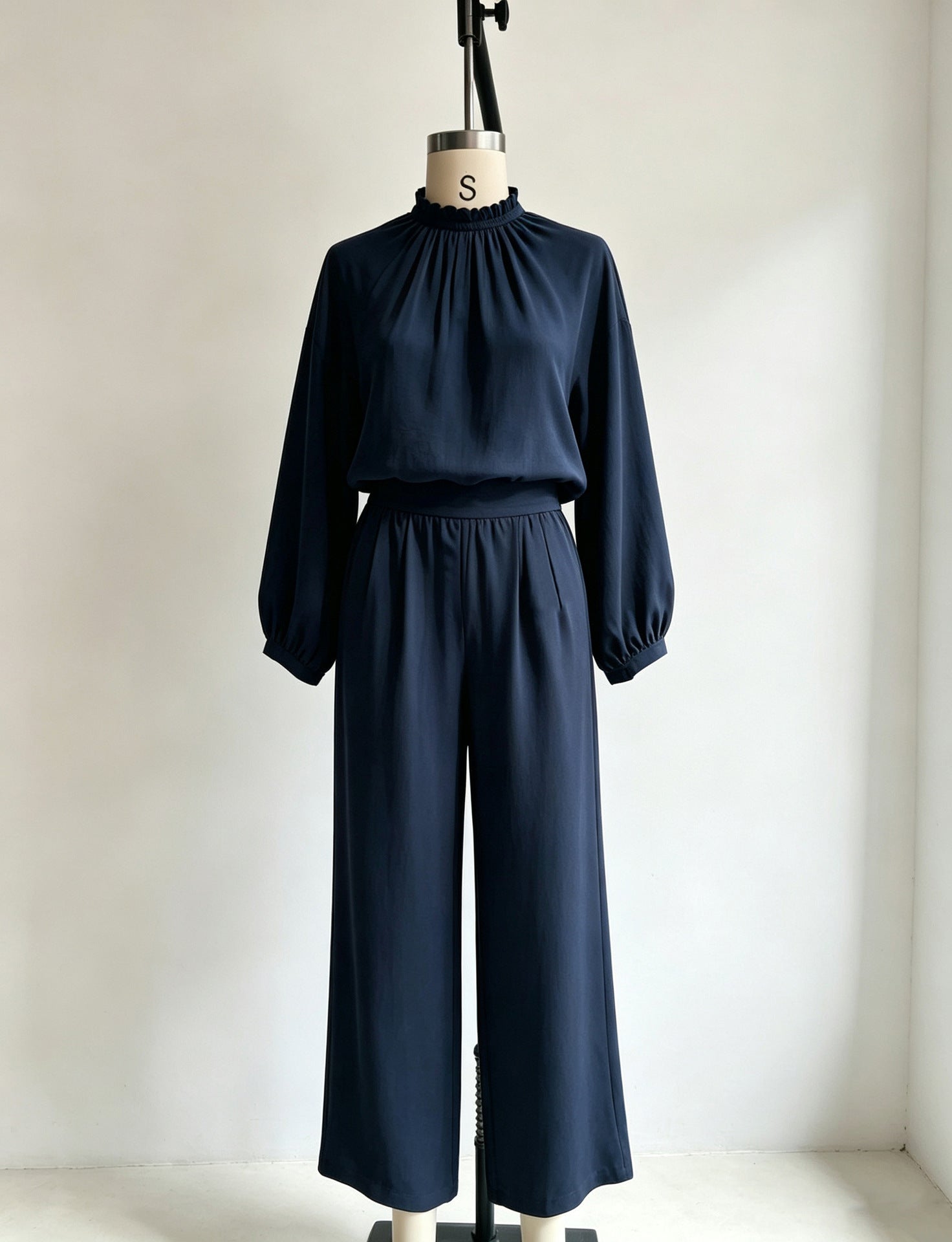 Casual Solid Color Long Sleeve Stand-up Collar Loose Fit Women's Fashion Set BlouseWide-leg Pants
