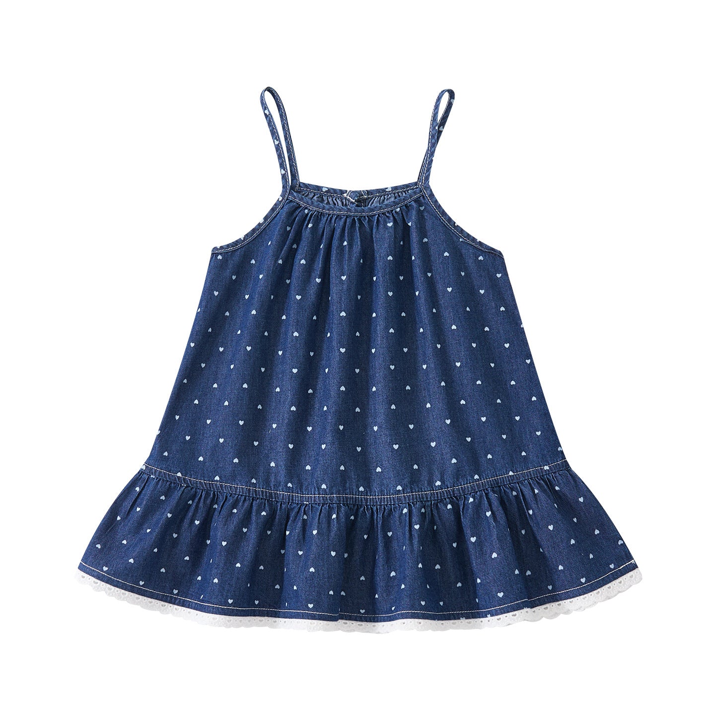 Cute All-Over Heart Print Denim Strap Dress for Baby Girls, Summer Casual Lightweight