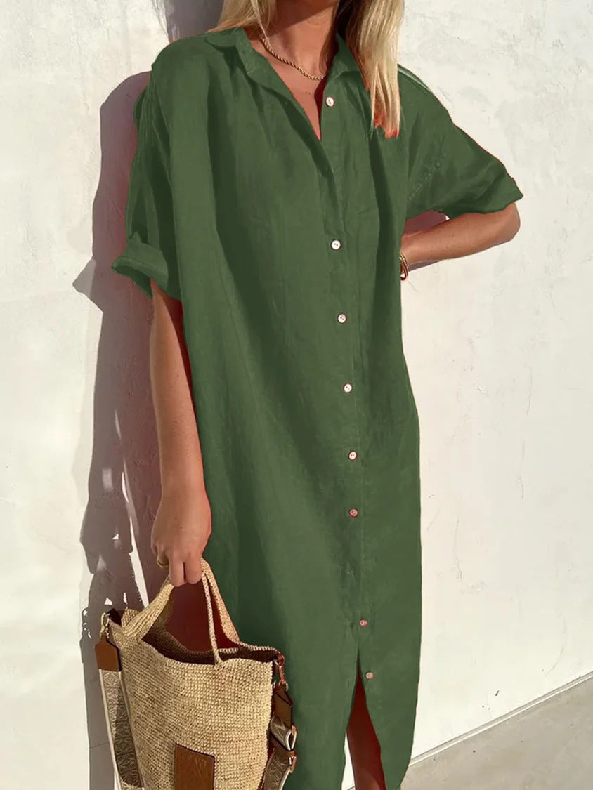 Loose Short Sleeve Button-Up Dress for Women