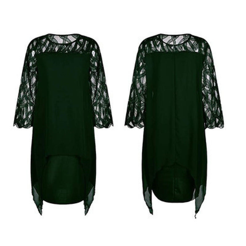 Lace Patchwork Three-Quarter Sleeve Irregular Hem Chiffon Dress