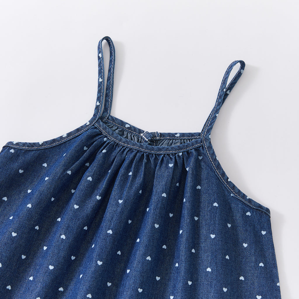 Cute All-Over Heart Print Denim Strap Dress for Baby Girls, Summer Casual Lightweight