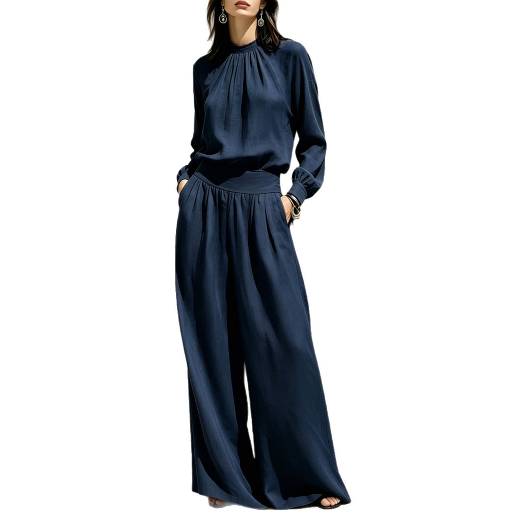 Casual Solid Color Long Sleeve Stand-up Collar Loose Fit Women's Fashion Set BlouseWide-leg Pants