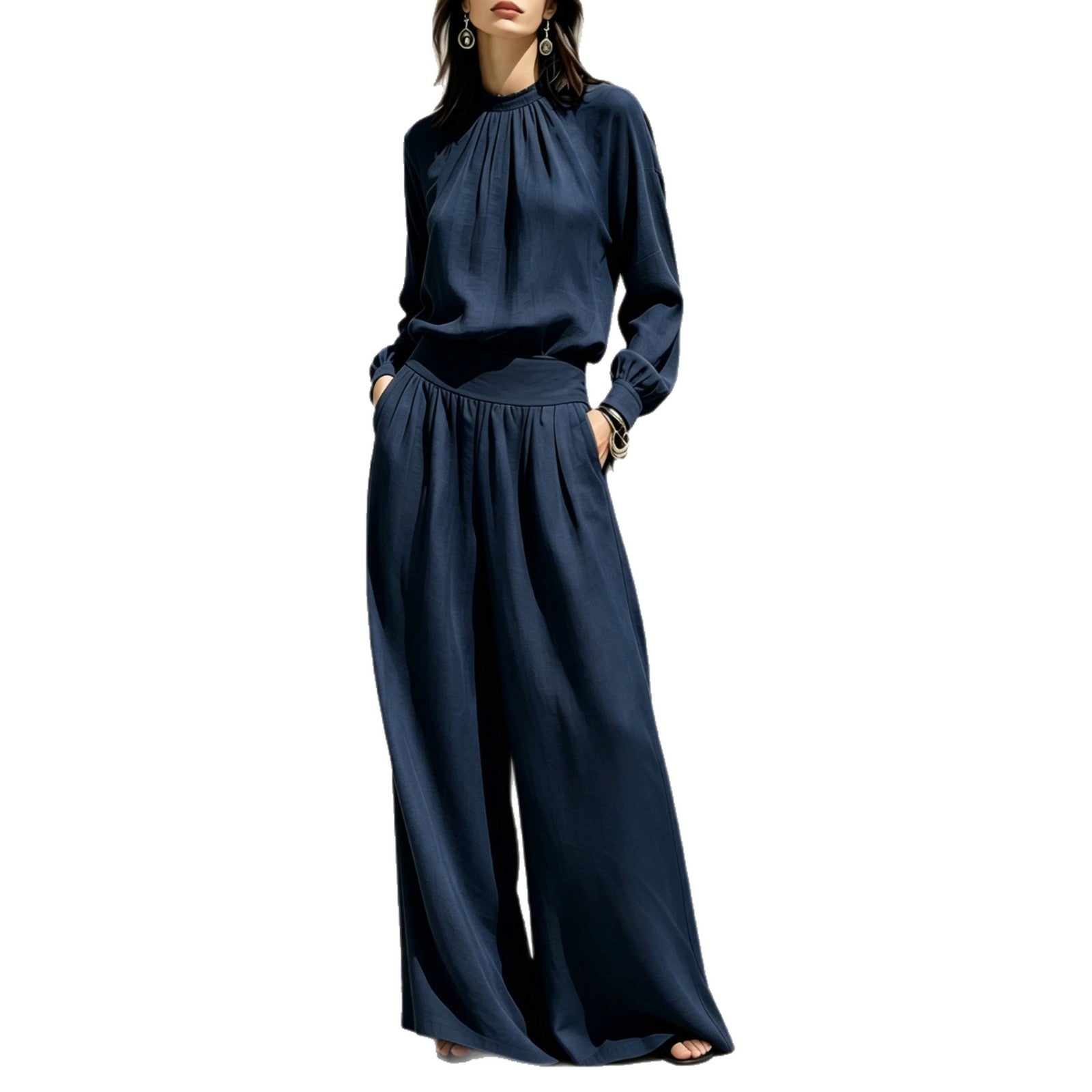 Casual Solid Color Long Sleeve Stand-up Collar Loose Fit Women's Fashion Set BlouseWide-leg Pants