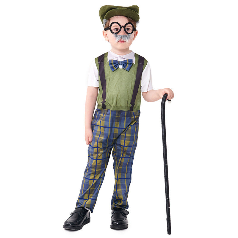 Halloween Costume Children's Role Play Grandpa Jumpsuit with Hat and Glasses Set Plaid Pants