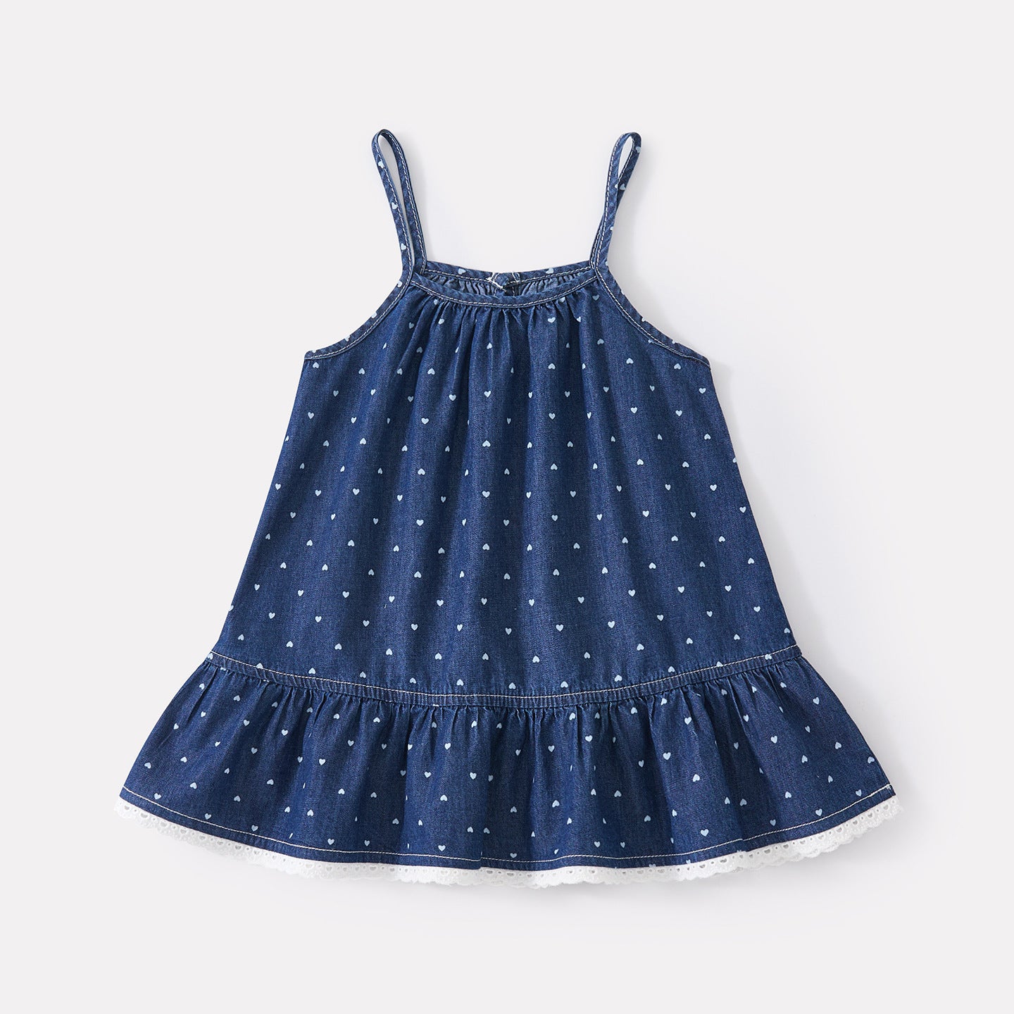 Cute All-Over Heart Print Denim Strap Dress for Baby Girls, Summer Casual Lightweight