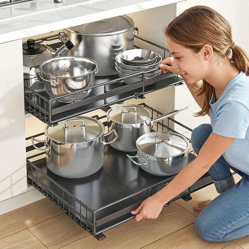 No Drill Pull Out Spice Rack - Adjustable Slide Out Shelf for Kitchen Cabinets (2 Pack)