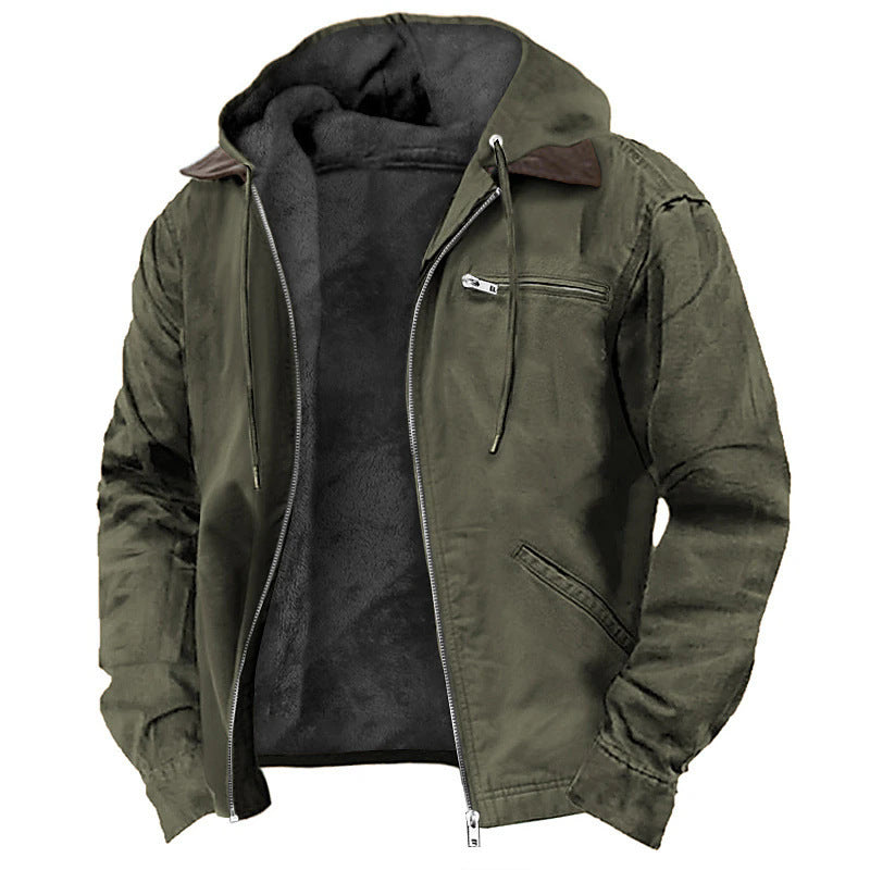 Casual Solid Color Hooded Cotton Jacket with Fleece Lining and Zipper Pockets for Men