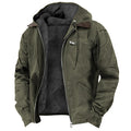 Casual Solid Color Hooded Cotton Jacket with Fleece Lining and Zipper Pockets for Men