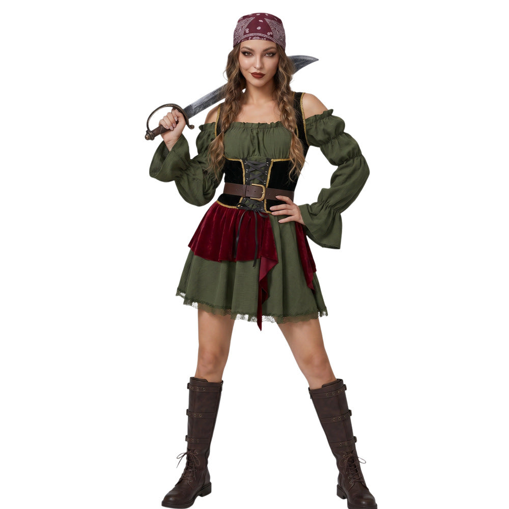 Halloween Women's Pirate Costume Adult Off-Shoulder Vintage Dress Caribbean Pirate Cosplay Party Dance