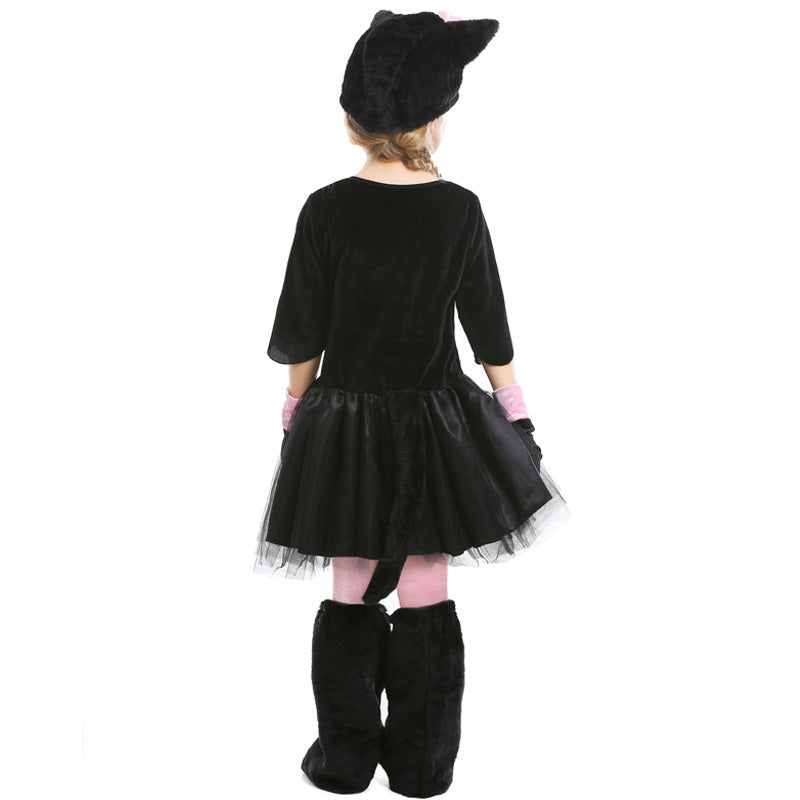 Halloween Animal Costume Cosplay Black and Pink Cat Bow Kids Performance Outfit