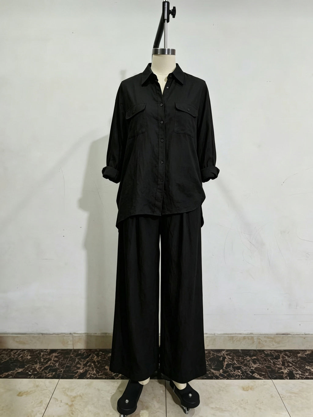 Chic Linen Set for Women, Breathable Lightweight Long Sleeve Shirt with Drapey Wide-Leg Pants, Vacation Style Casual Outfit