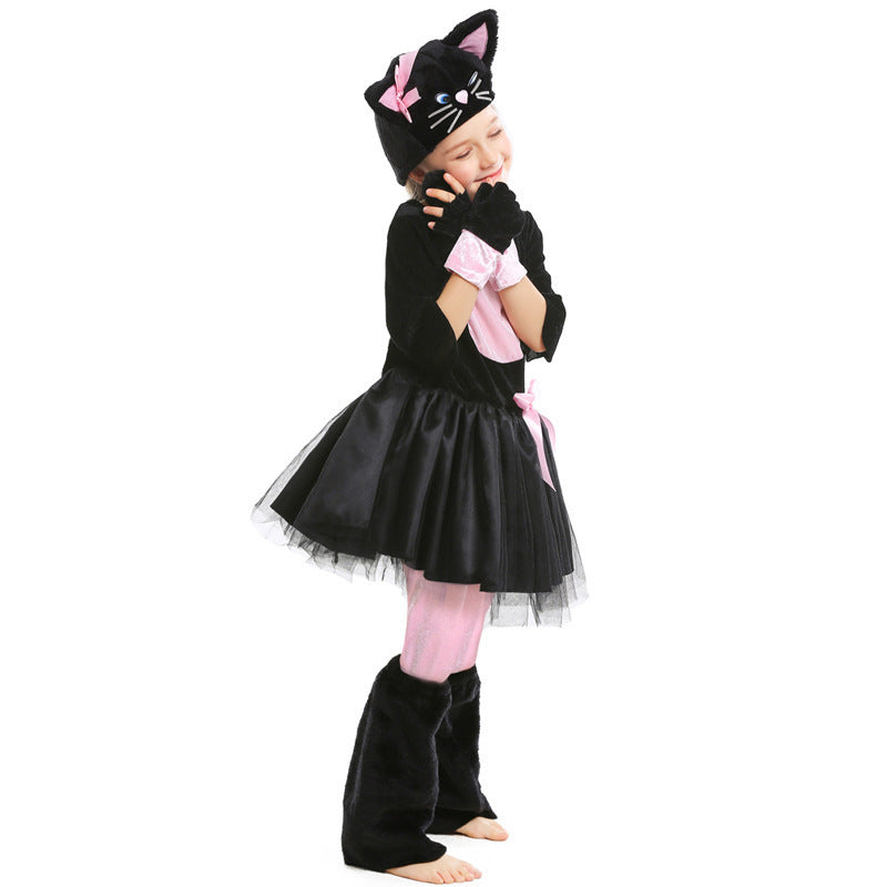 Halloween Animal Costume Cosplay Black and Pink Cat Bow Kids Performance Outfit
