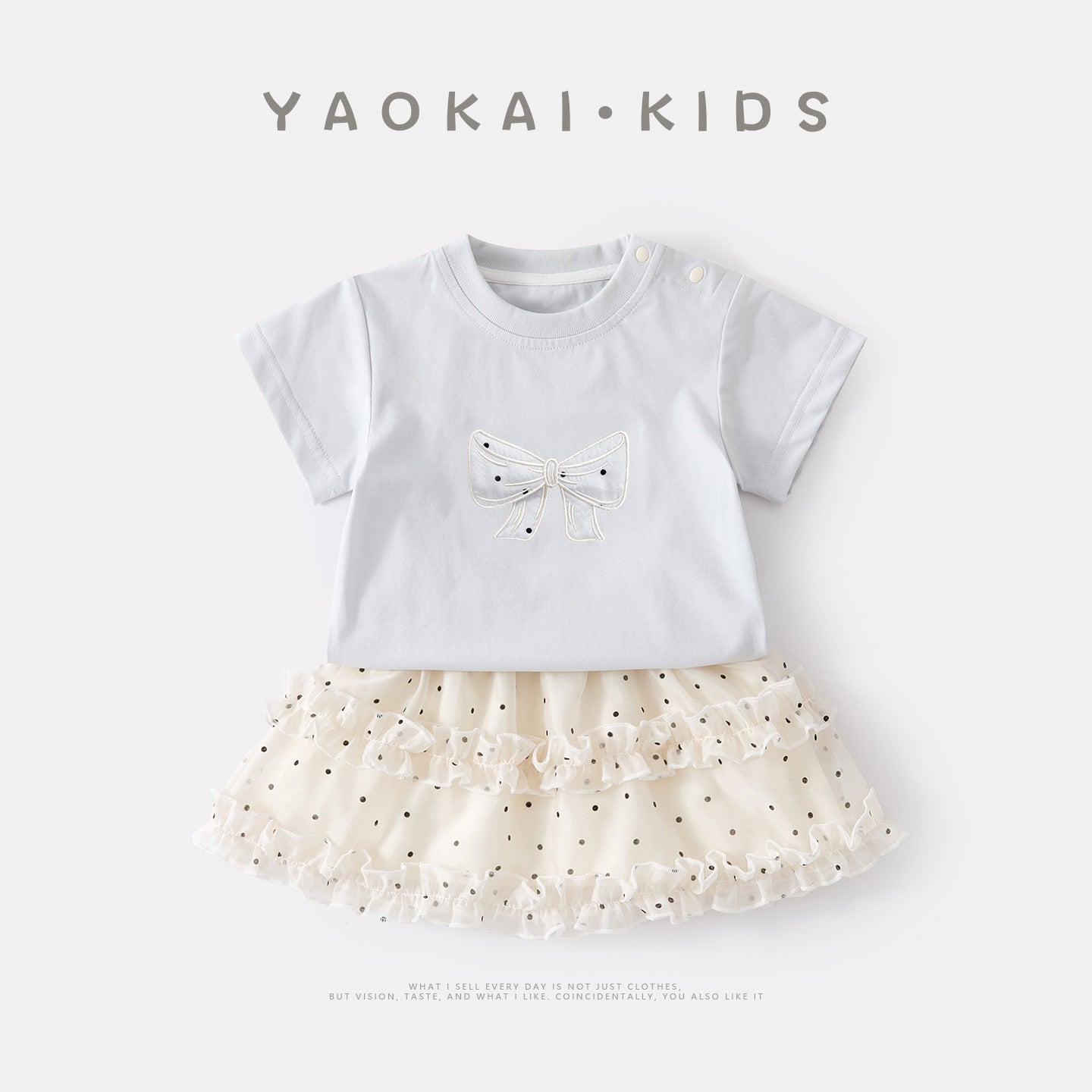 Bow Short Sleeve Summer Set, Sweet Polka Dot Tulle Skirt Two-Piece Outfit