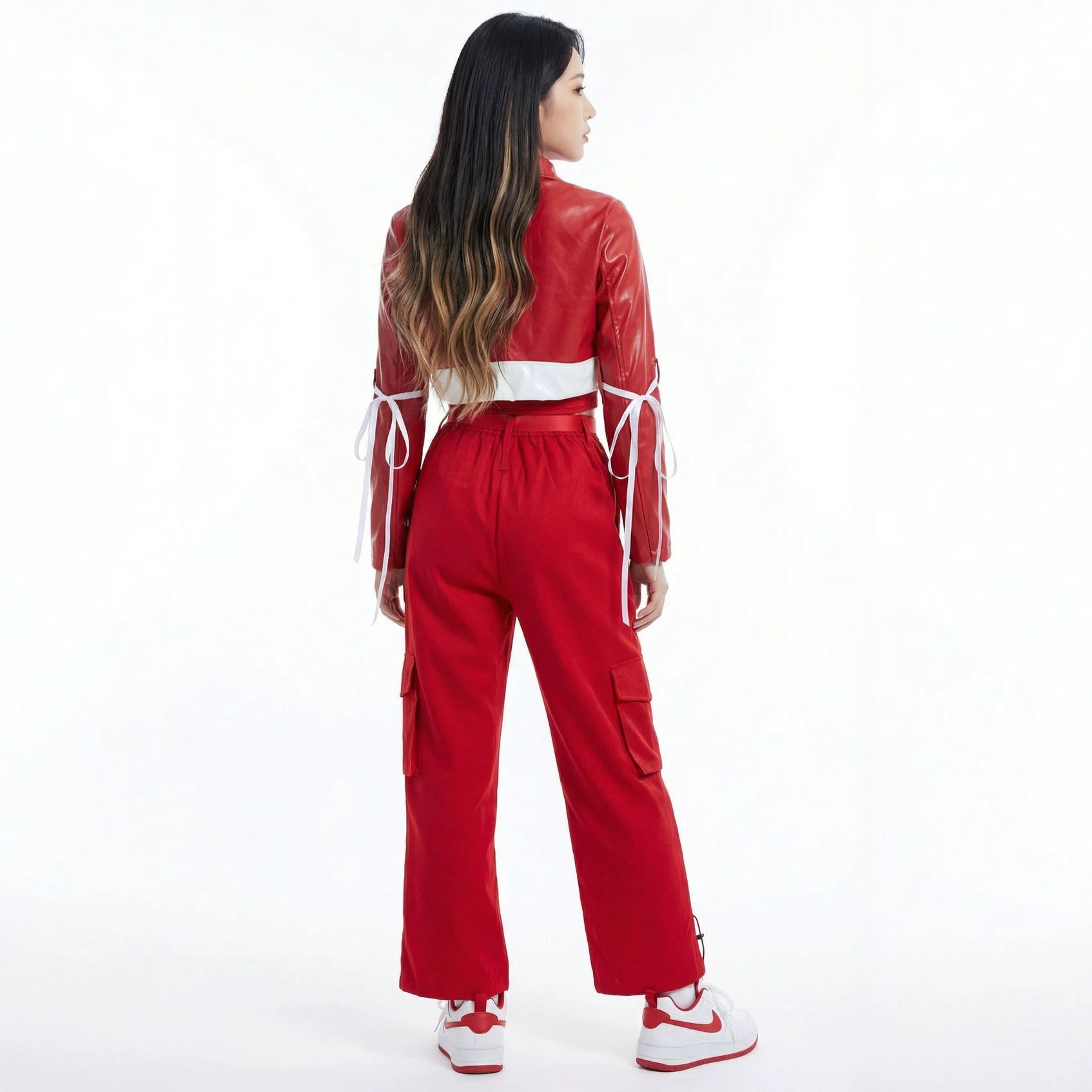 Red Trendy Jazz Hip-Hop Dance Performance Outfit, Girl Group Style Cheerleading Stage Costume Set