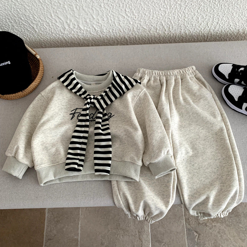 Children's striped shawl long sleeved top+versatile sweatpants casual sweatshirt set