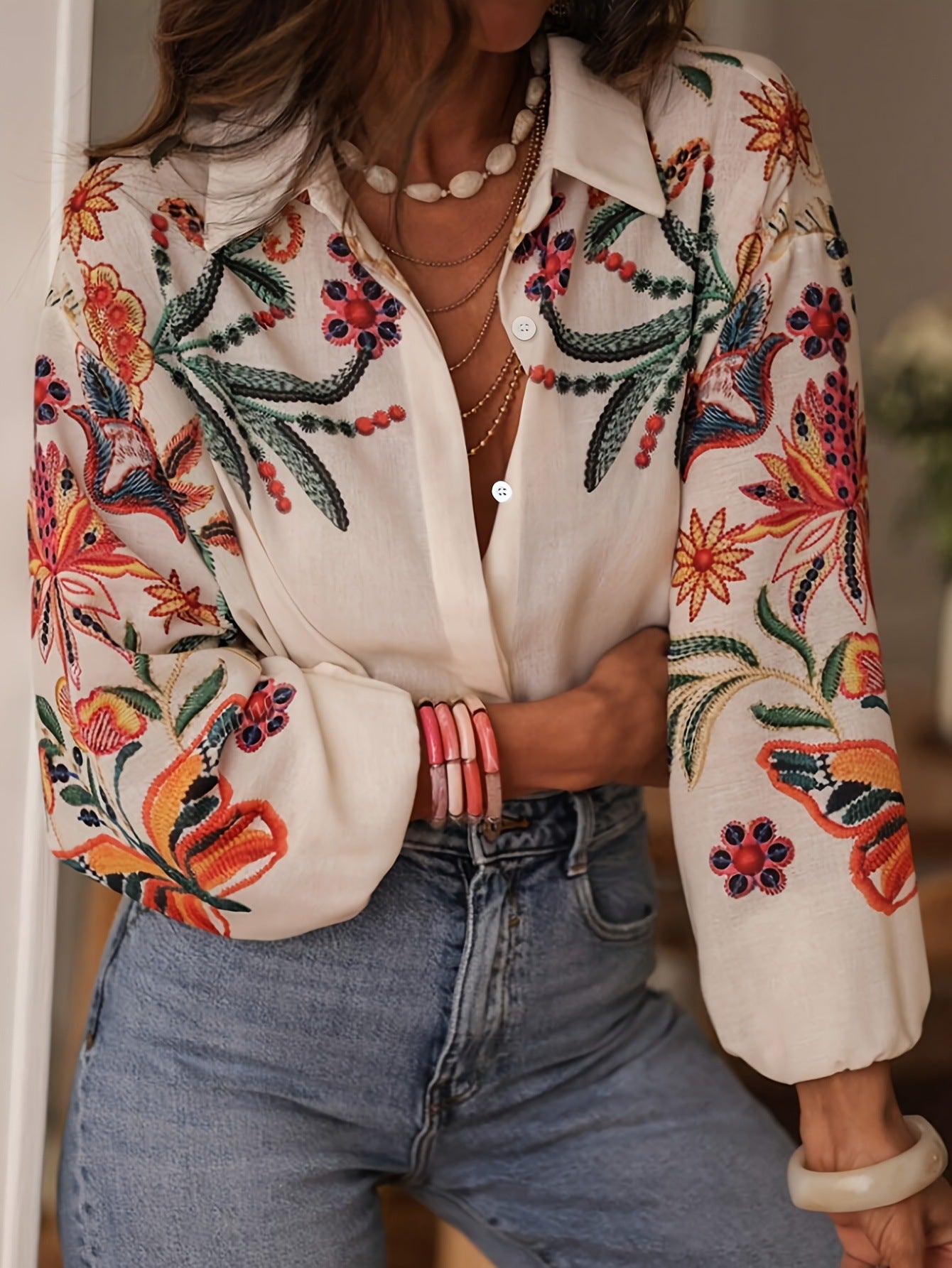 Style loose long sleeve digital print shirt top