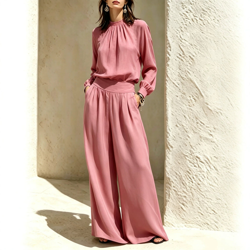 Casual Solid Color Long Sleeve Stand-up Collar Loose Fit Women's Fashion Set BlouseWide-leg Pants