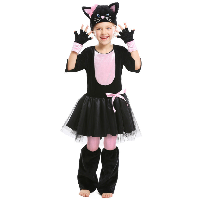 Halloween Animal Costume Cosplay Black and Pink Cat Bow Kids Performance Outfit