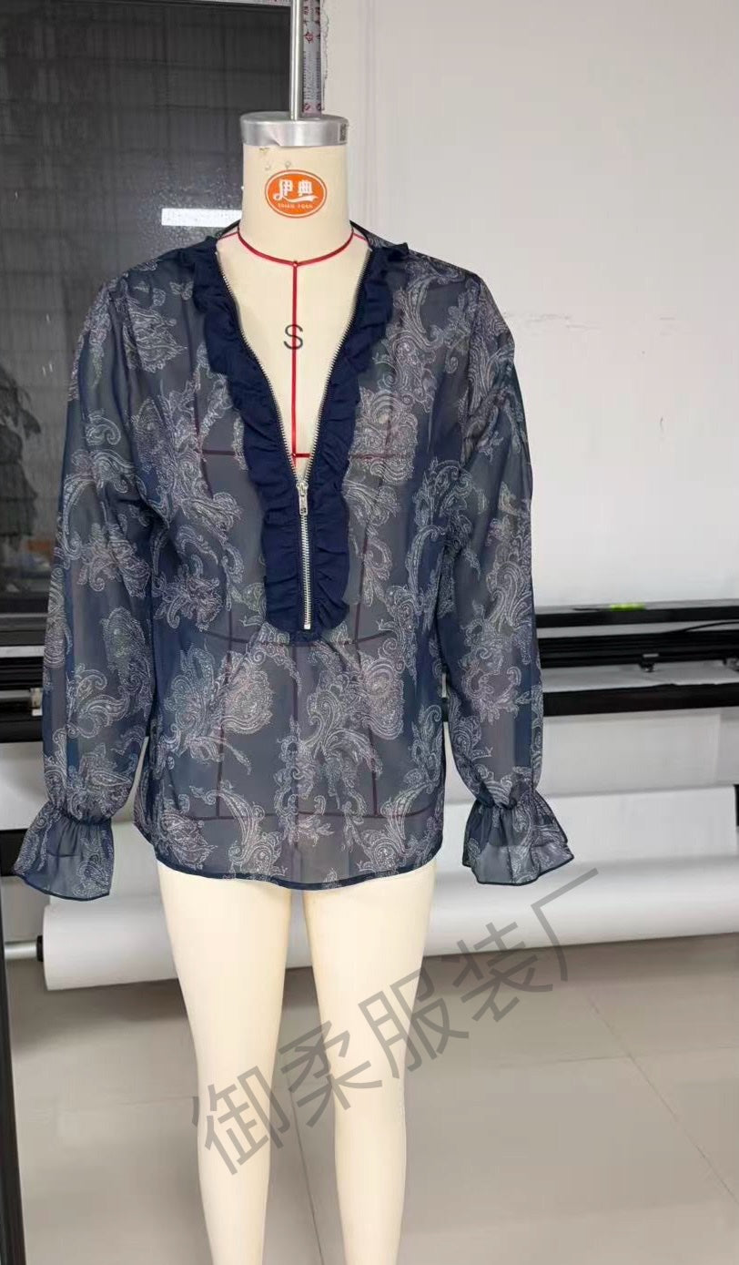 Romantic Boho Deep V-Neck Paisley Ruffle Chiffon Shirt