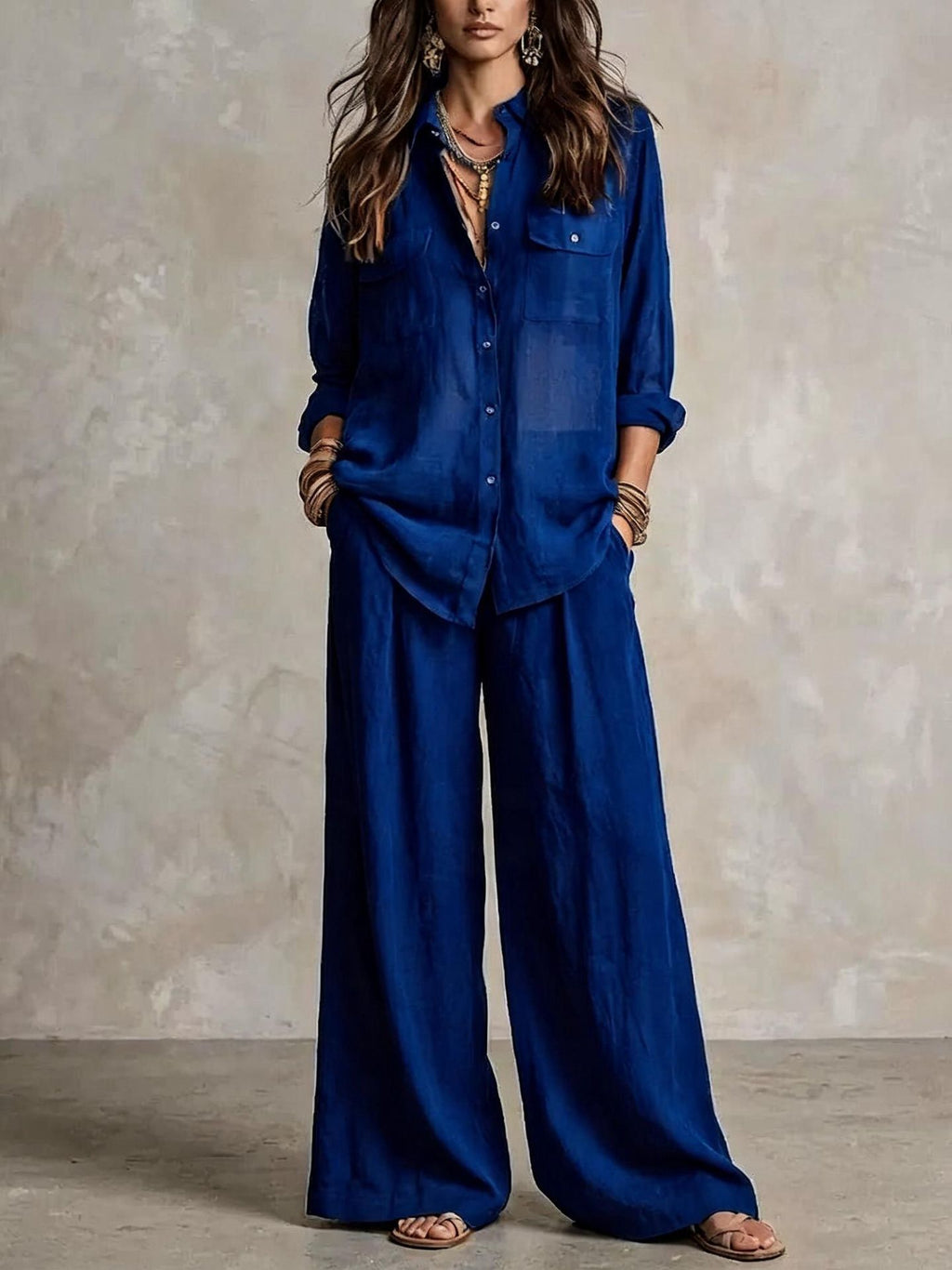 Chic Linen Set for Women, Breathable Lightweight Long Sleeve Shirt with Drapey Wide-Leg Pants, Vacation Style Casual Outfit