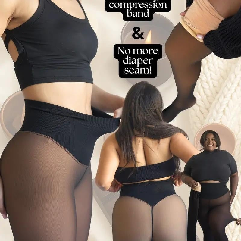 Sheer skin-tone base leggings integrated with fleece-lined tight one-crotch tights
