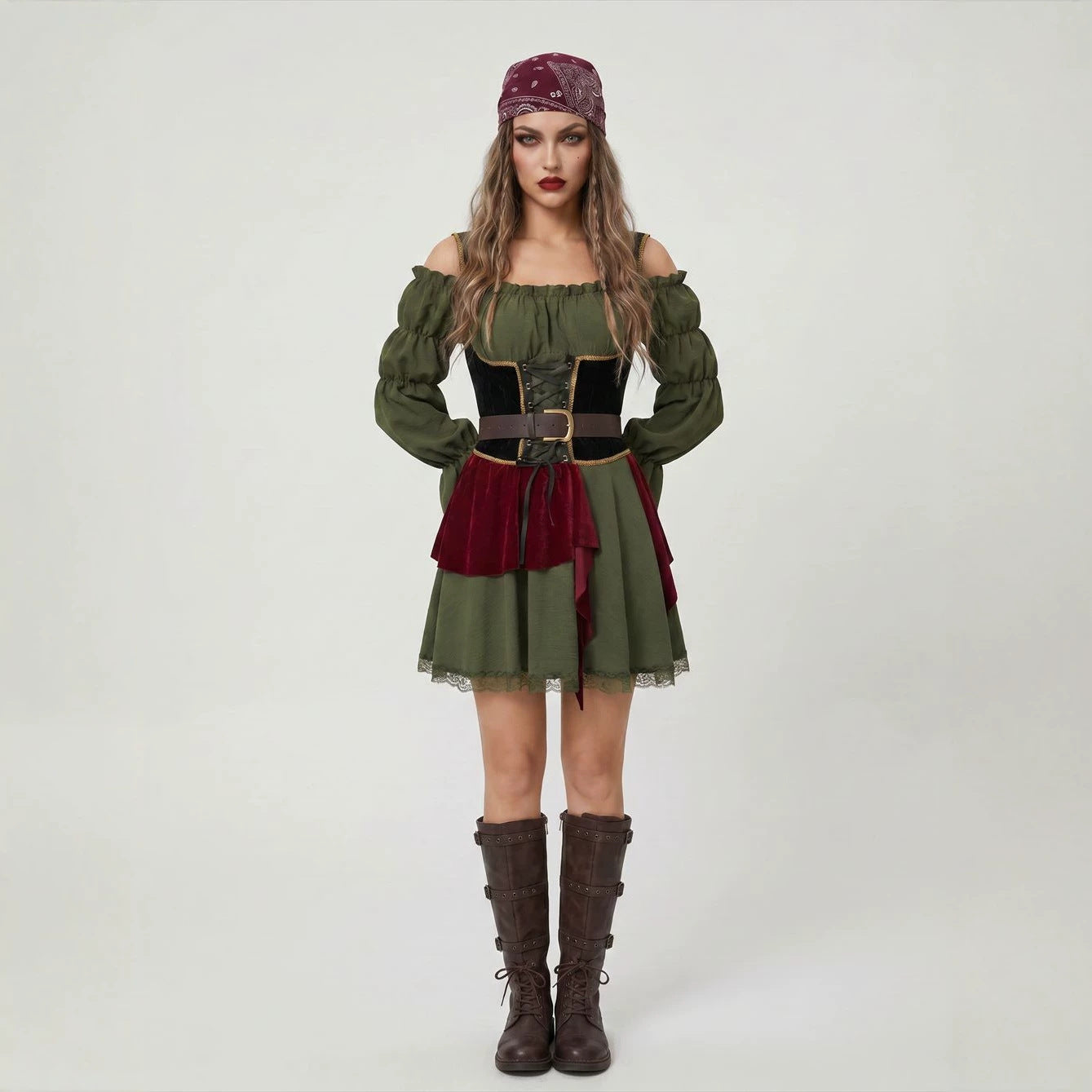 Halloween Women's Pirate Costume Adult Off-Shoulder Vintage Dress Caribbean Pirate Cosplay Party Dance