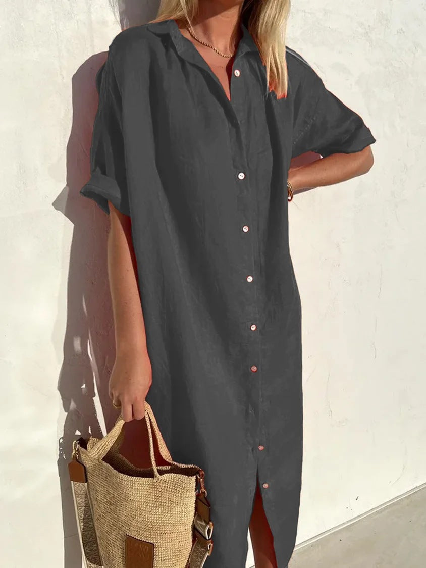 Loose Short Sleeve Button-Up Dress for Women
