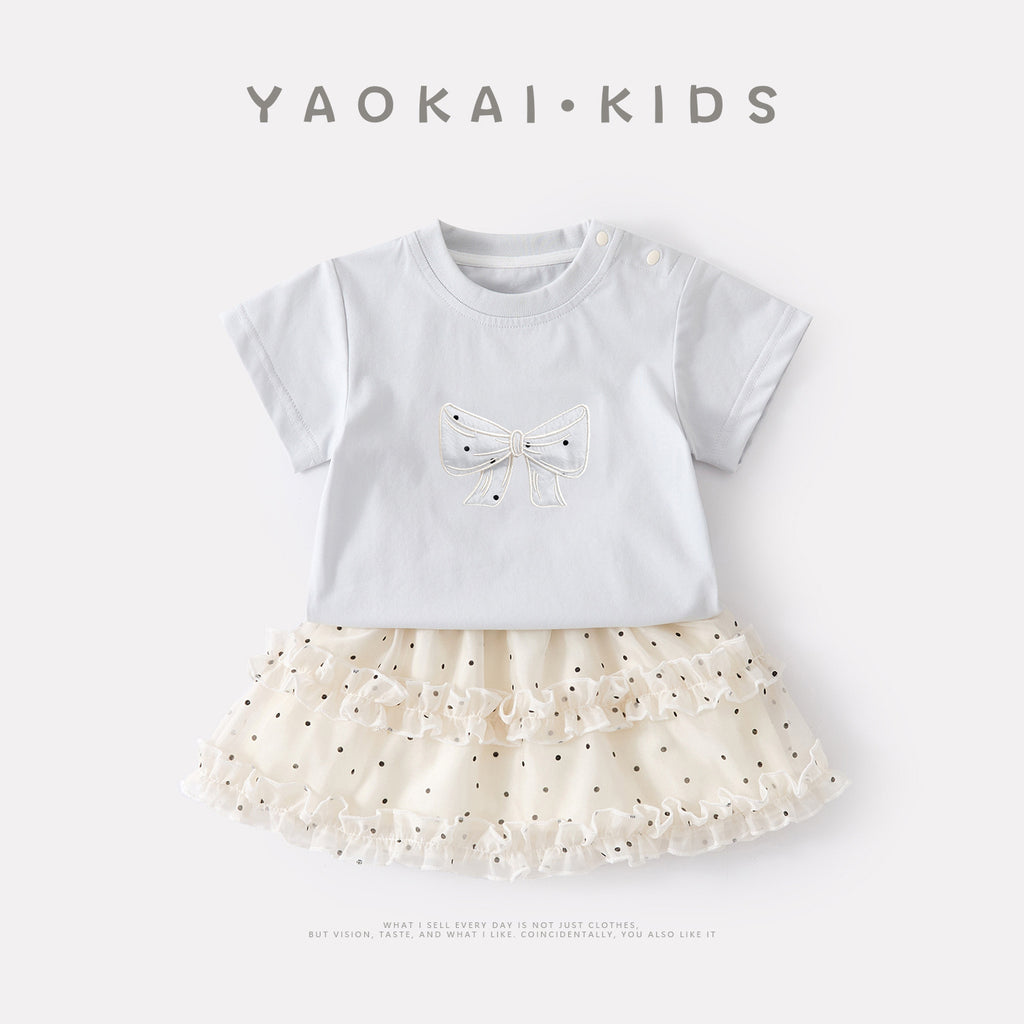 Bow Short Sleeve Summer Set, Sweet Polka Dot Tulle Skirt Two-Piece Outfit