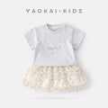 Bow Short Sleeve Summer Set, Sweet Polka Dot Tulle Skirt Two-Piece Outfit