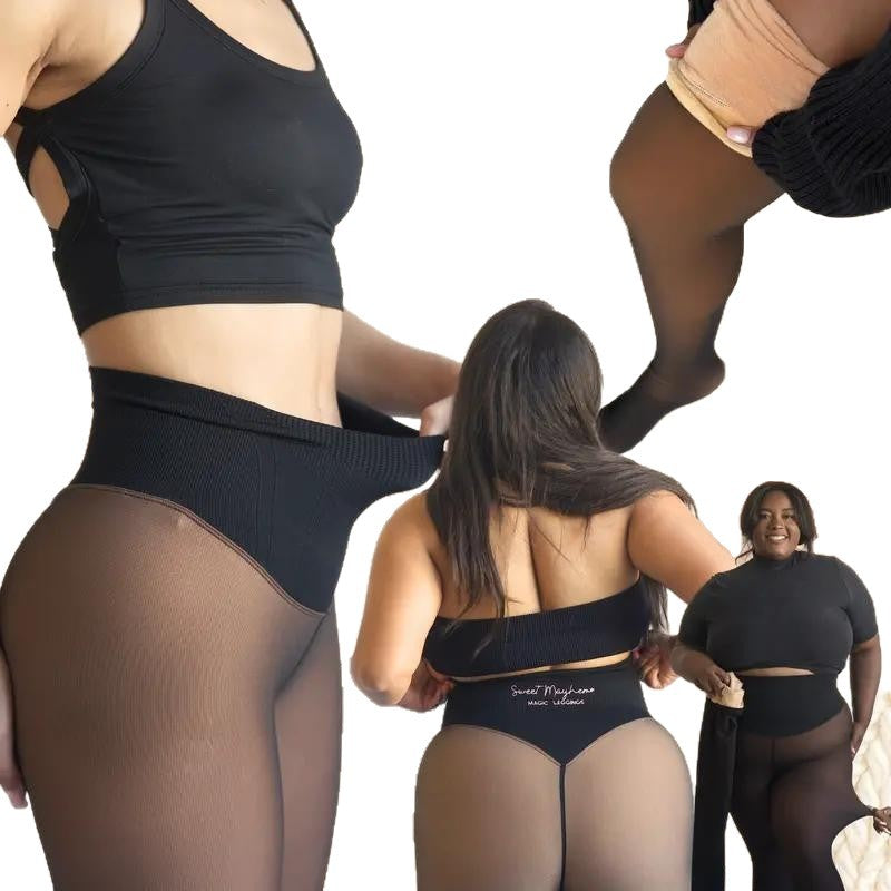 Sheer skin-tone base leggings integrated with fleece-lined tight one-crotch tights