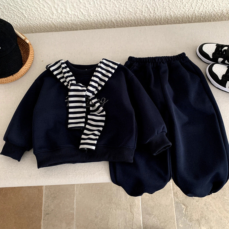 Children's striped shawl long sleeved top+versatile sweatpants casual sweatshirt set