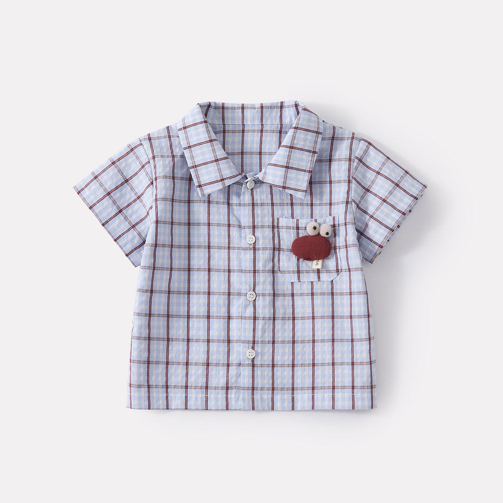 Infant and Toddler 3D Cartoon Checkered Short-Sleeve Shirt with Casual Lightweight Cargo Shorts Two-Piece Set