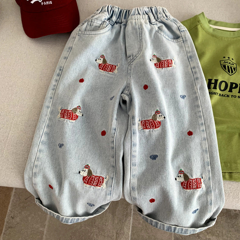 Cowboy curved knife wide leg embroidered girls' pants