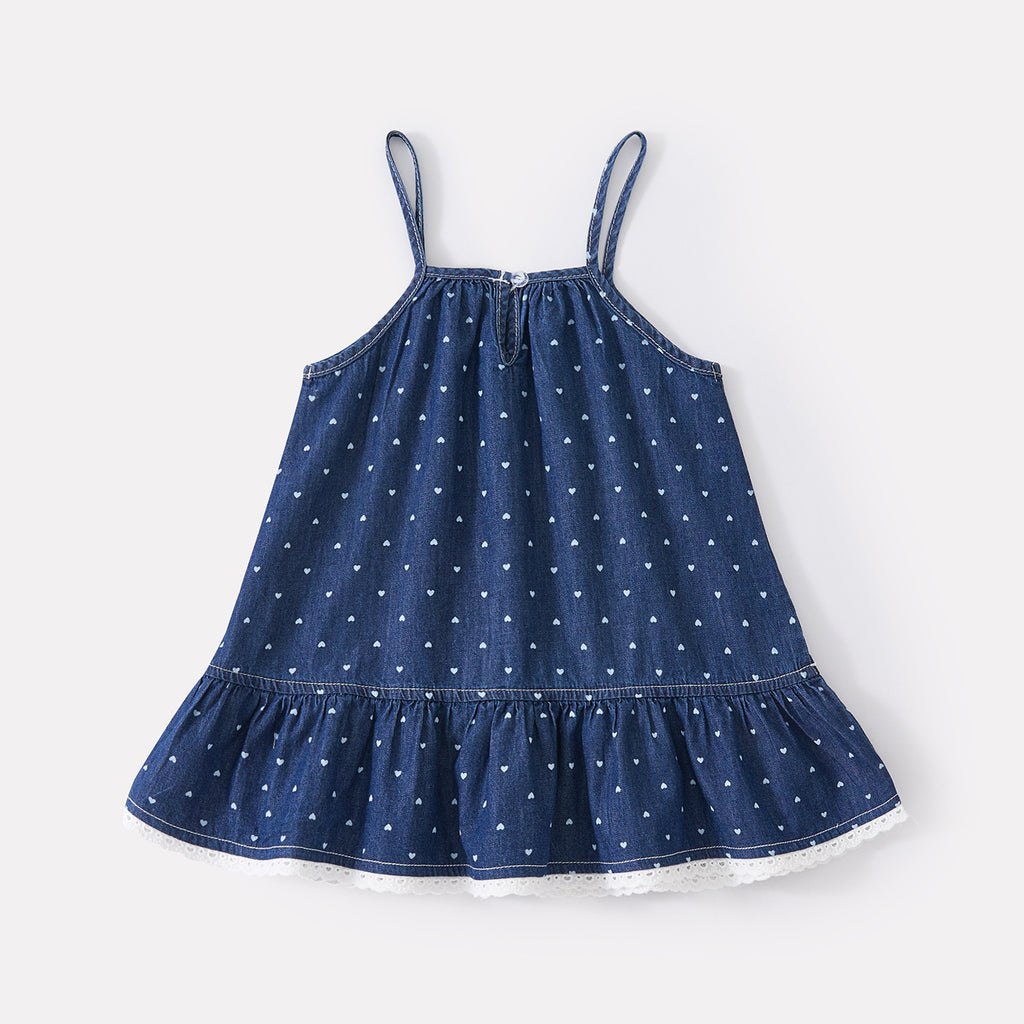 Cute All-Over Heart Print Denim Strap Dress for Baby Girls, Summer Casual Lightweight