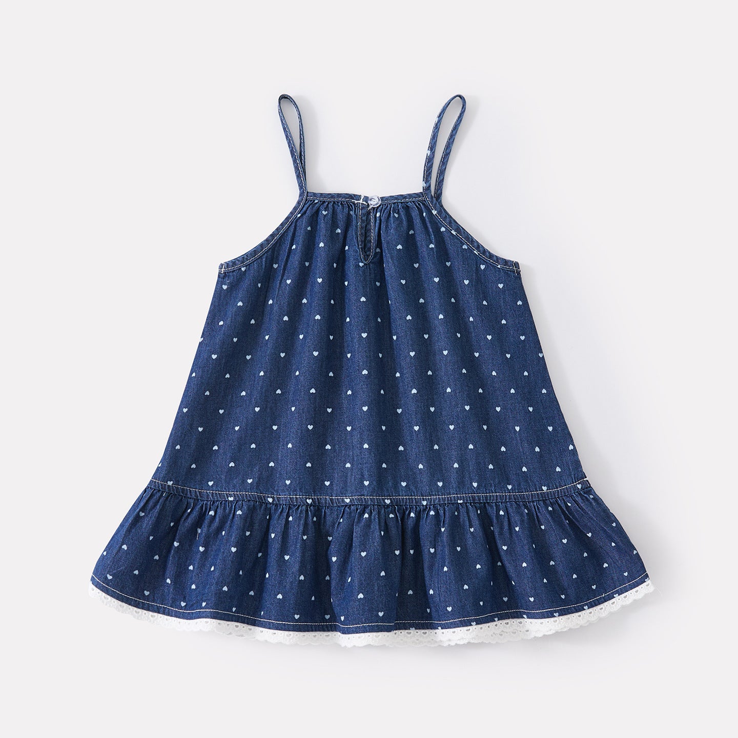 Cute All-Over Heart Print Denim Strap Dress for Baby Girls, Summer Casual Lightweight