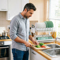 2-Tier Large Capacity Dish Drying Rack, Rustproof Carbon Steel Kitchen Sink Drainer with Cutting Board & Utensil Holder