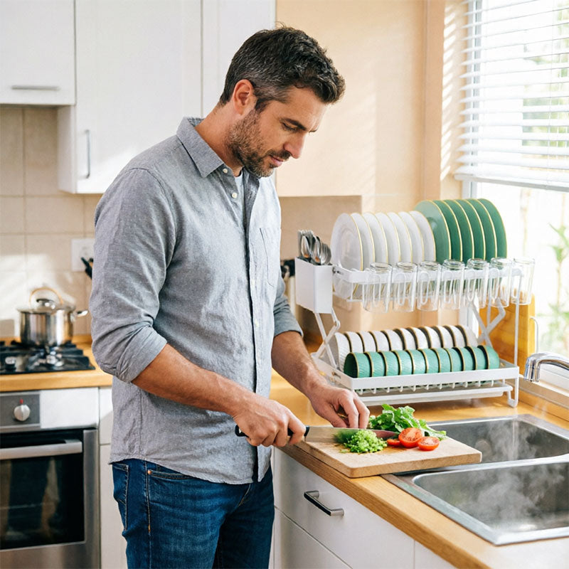 2-Tier Large Capacity Dish Drying Rack, Rustproof Carbon Steel Kitchen Sink Drainer with Cutting Board & Utensil Holder