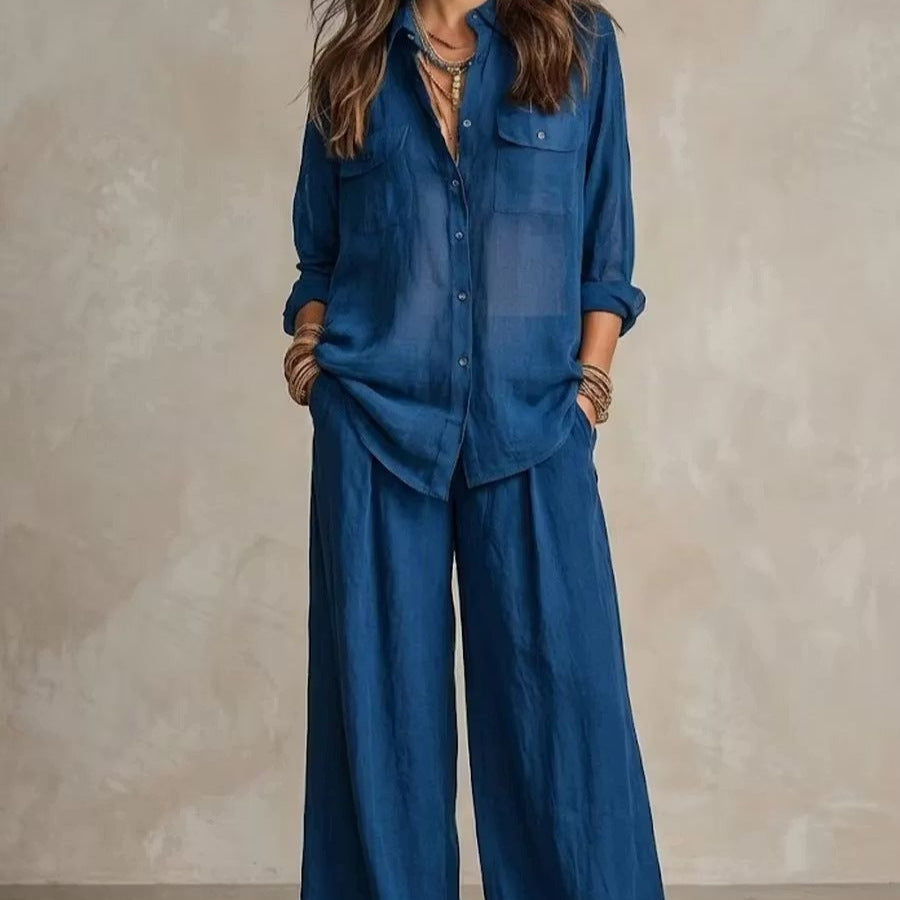 Chic Linen Set for Women, Breathable Lightweight Long Sleeve Shirt with Drapey Wide-Leg Pants, Vacation Style Casual Outfit
