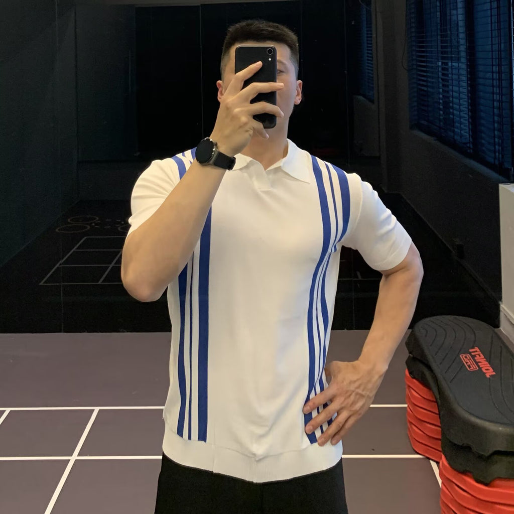 High-End Slim Fit Striped Cool Silk Short Sleeve Polo Shirt Men's Knitted T-Shirt Half Sleeve Top