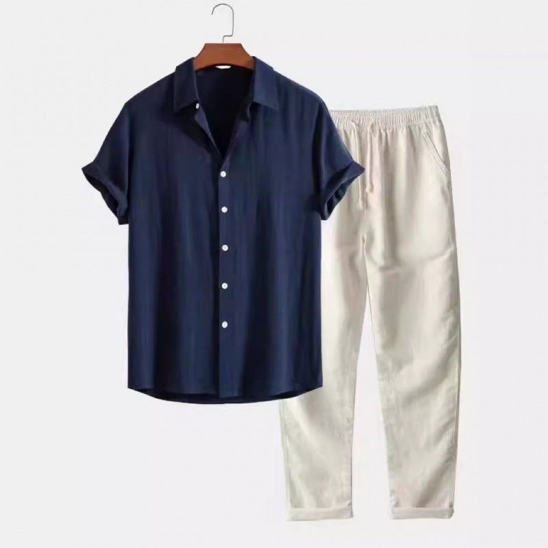 Men's Stand Collar Slim Fit Linen-Cotton Suit Set