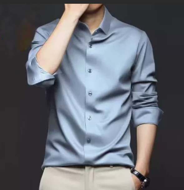 Men's Wrinkle-Resistant Non-Iron Formal Business Casual Premium Ice Silk Dress Shirt