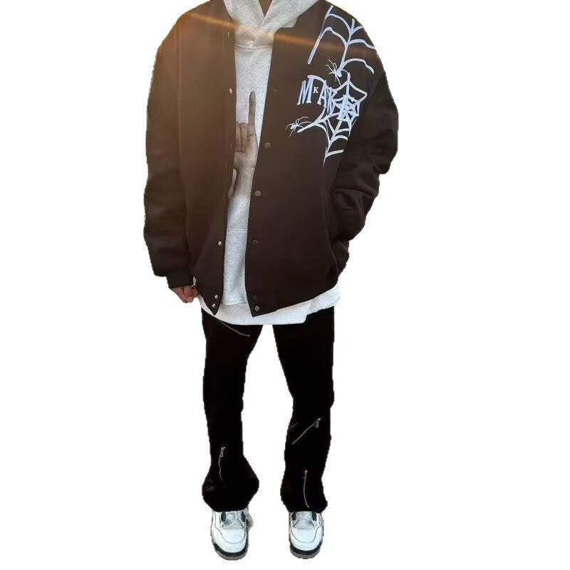 Spider Web Embroidery Jacket, Casual Streetwear Outerwear