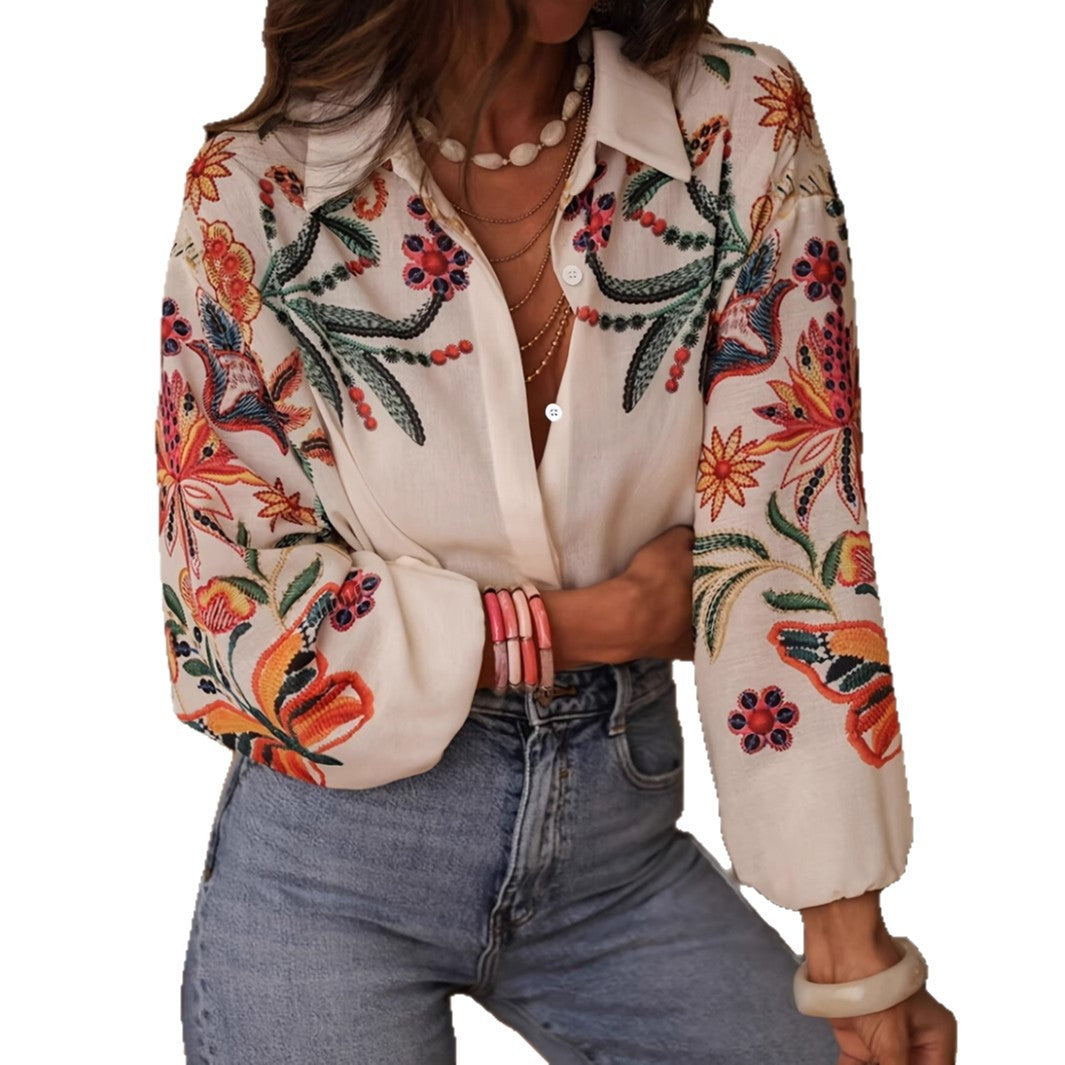 Style loose long sleeve digital print shirt top