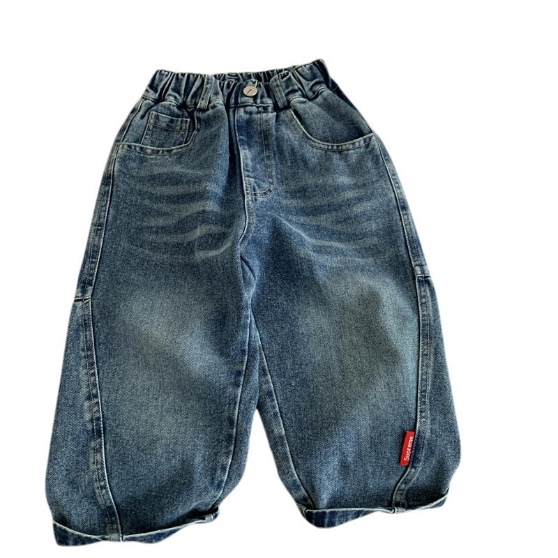 Children's retro distressed casual washed wide leg loose pants