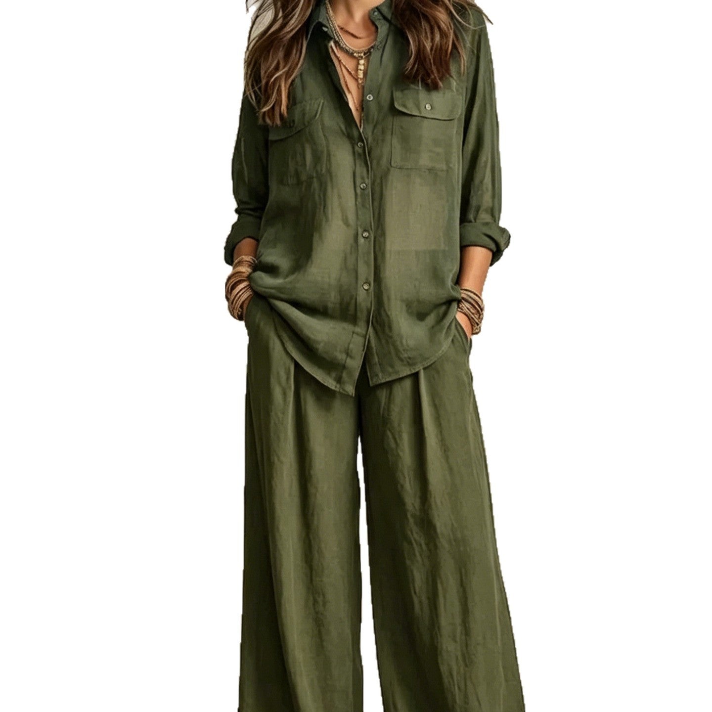 Chic Linen Set for Women, Breathable Lightweight Long Sleeve Shirt with Drapey Wide-Leg Pants, Vacation Style Casual Outfit