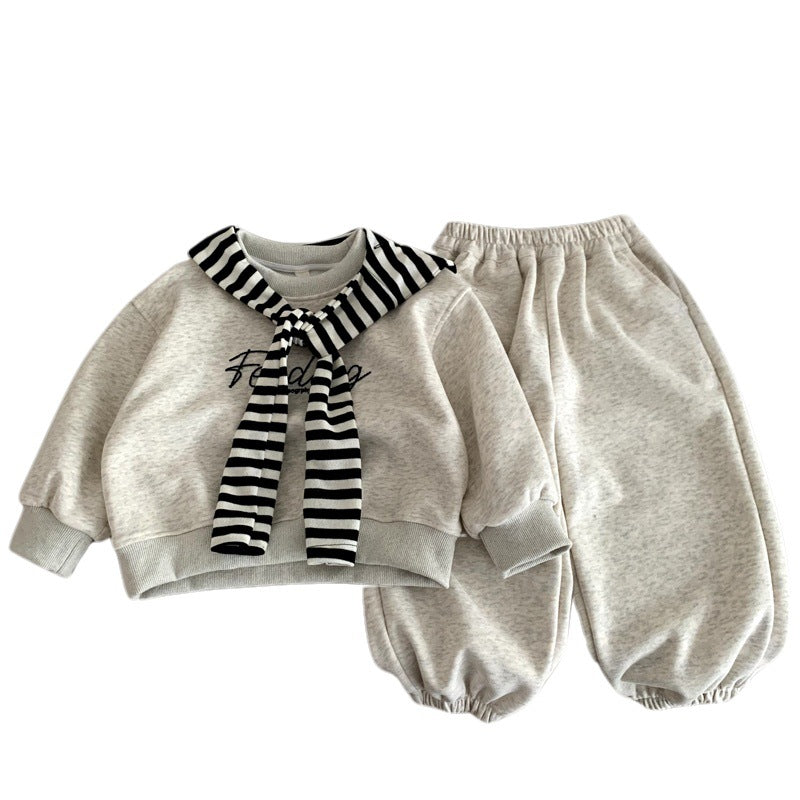 Children's striped shawl long sleeved top+versatile sweatpants casual sweatshirt set