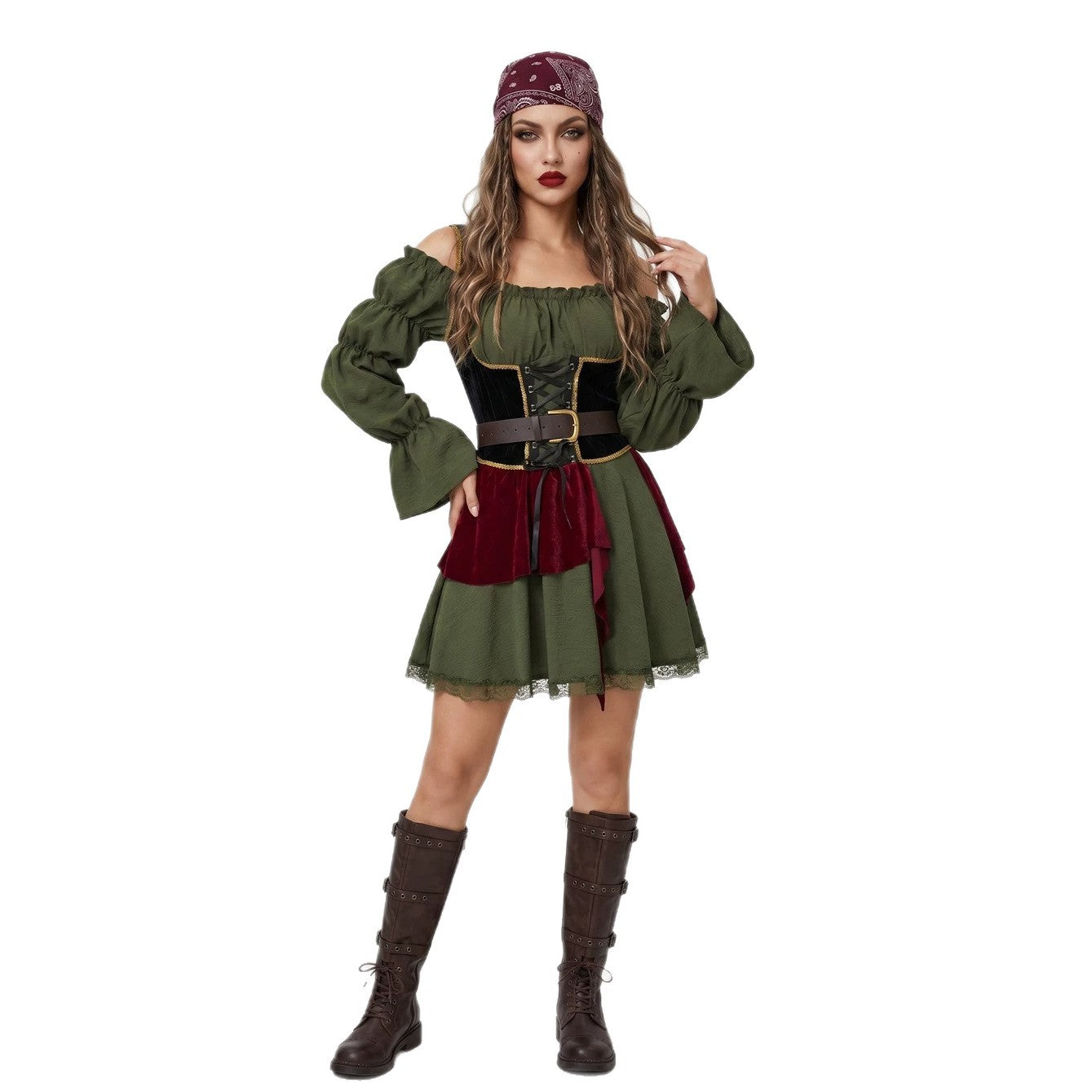 Halloween Women's Pirate Costume Adult Off-Shoulder Vintage Dress Caribbean Pirate Cosplay Party Dance
