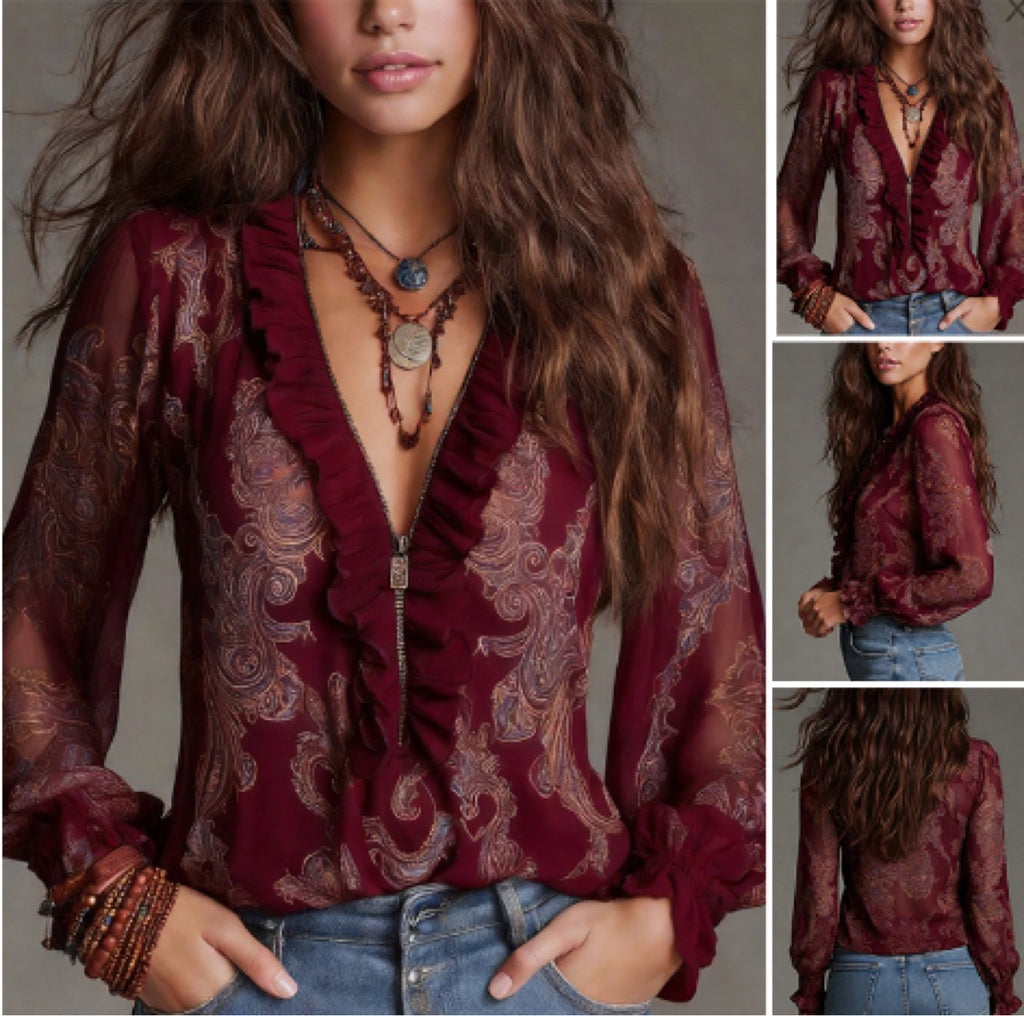 Romantic Boho Deep V-Neck Paisley Ruffle Chiffon Shirt